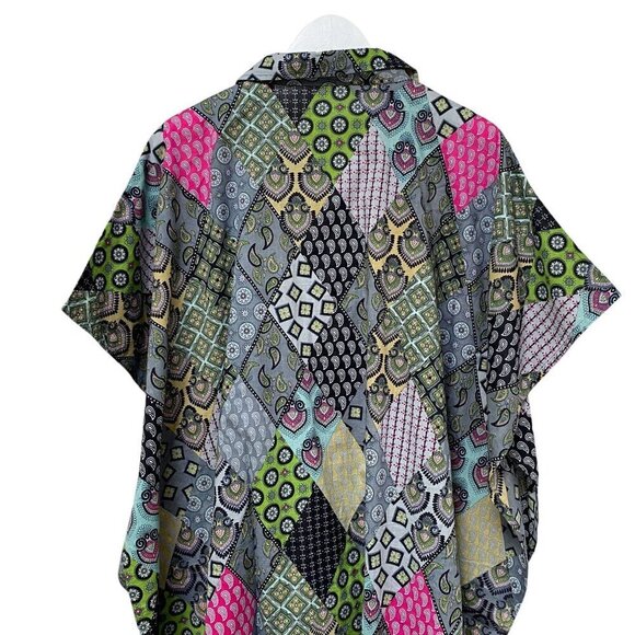 Patchwork Print Long Shirt O/S Green Kaftan Boho Artsy Cottagecore Prairie - Picture 6 of 9